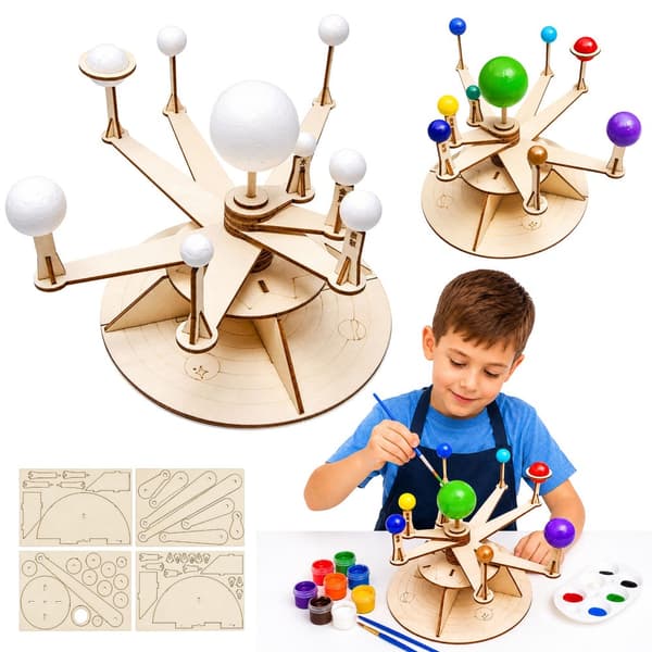 DIY-kit solsystemmodel i træ – byggesæt til børn, 23 x 15,5 x 5 cm