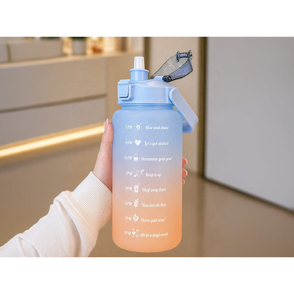 Vattenflaska 2 liter med sugrör och måttskala blå/orange