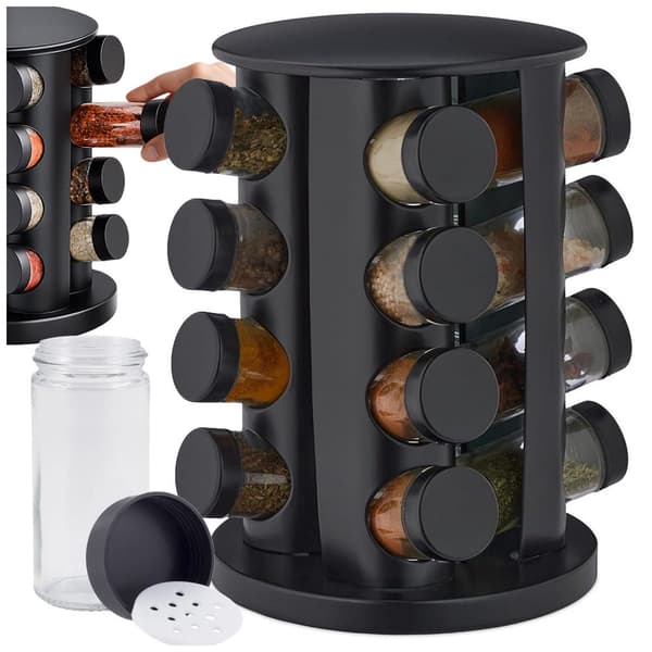 Roterende krydderistativ 12 glasbeholdere 80 ml mat sort 360°