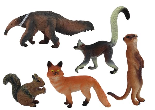 Djurfigurer set 5-pack i plast – ekorre surikat myrslok räv lemur