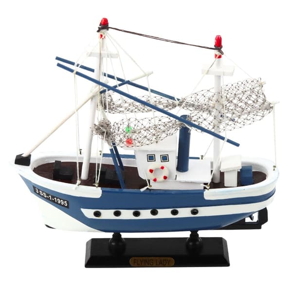 Fiskerbådsmodel i træ 24 cm håndmalet på base "FLYING LADY"