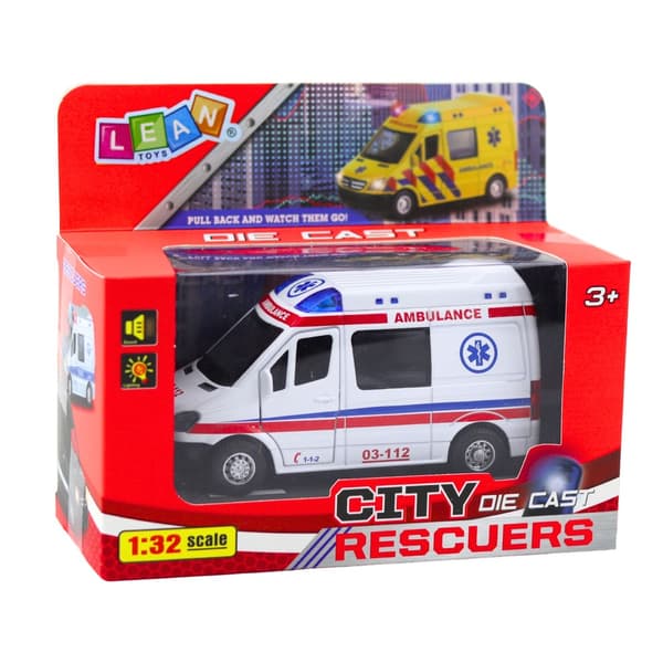 Legetøjsambulance 1:32 metal pull-back med lys/lyd, 3x AG13 inkluderet