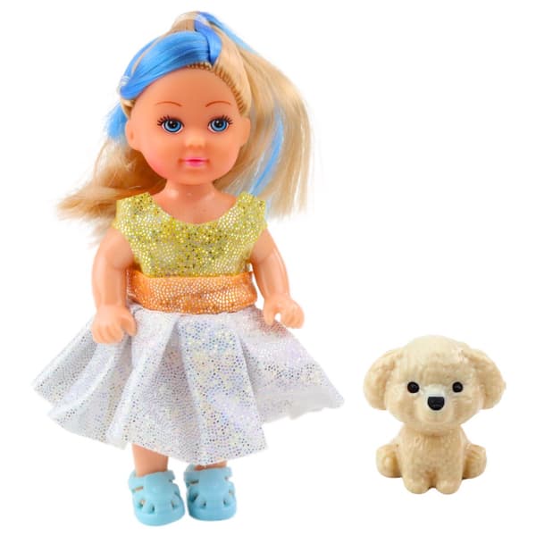 Mini-docka 12 cm med klänning och vit hund 3 cm, slumpad variant