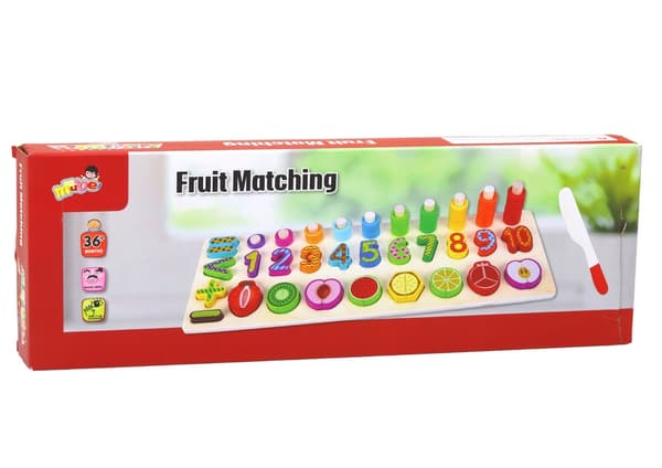 Träsorteringsbräda med siffror, frukter och matte-symboler 3+ år