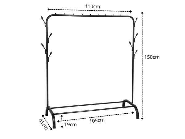 Vaateteline hyllyillä ja 8 koukulla musta 150 x 110 x 41 cm