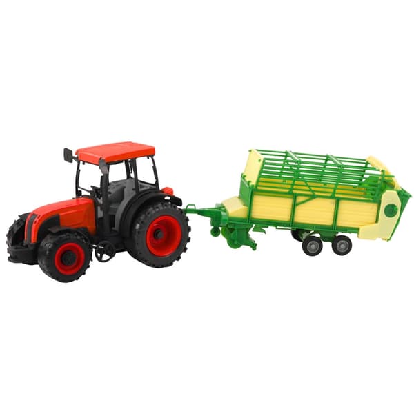 Legetøjs gårdtraktor med trailer 49 cm rød/grøn/gul plast