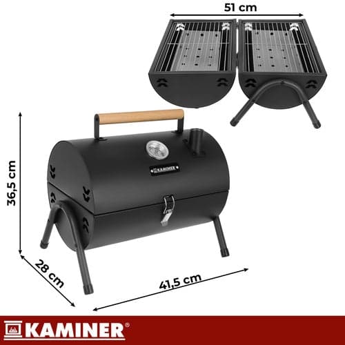 Matkahiiligrilli kannella ja lämpömittarilla, 2 grilliritilää, musta 41,5 cm