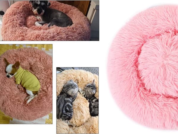Rund hunde- og kattekurv i plys 50 cm lyserød skridsikker underside