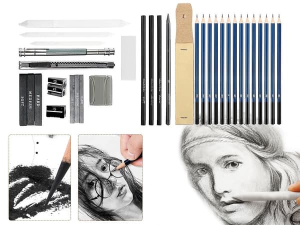 Ritset 32 delar kol- och grafitpennor 8B–5H med förvaringsväska