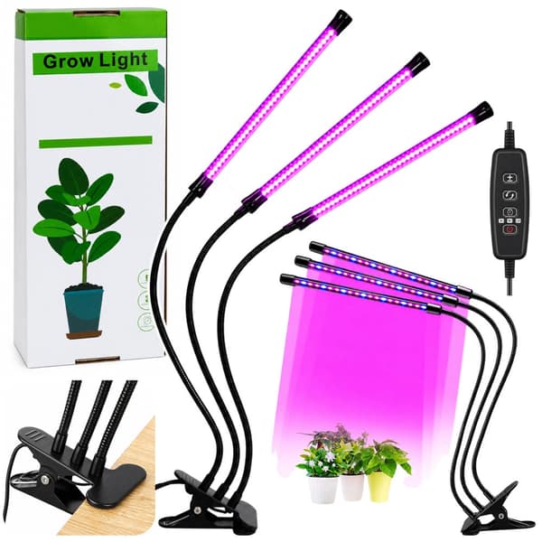 LED växtbelysning 30W klämlampa 3-arm 9 nivåer timer USB/230V