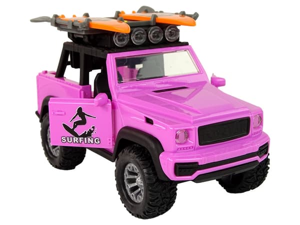 Legetøjsbil off-road rosa 1:14 med lys/lyd, surfbrætter 21 cm