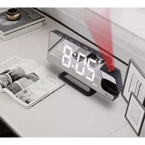 LED vækkeur med projektor & spejl, USB-C/batteri, sort