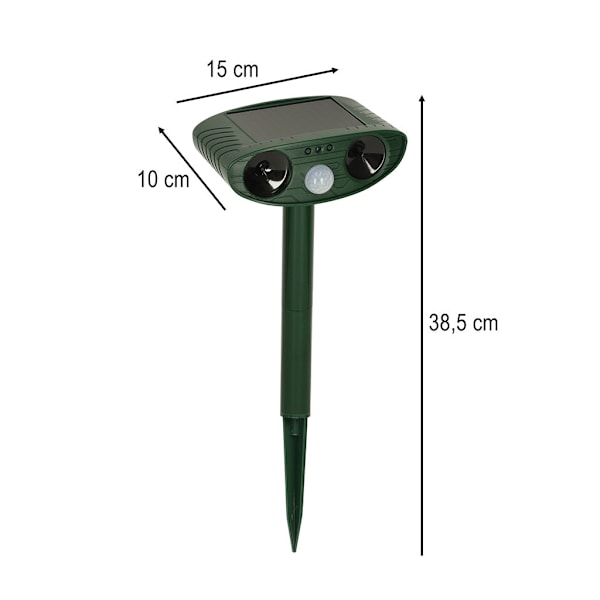 Ultraljudsskrämma solcellsdriven med rörelsesensor 6-8 m för trädgård