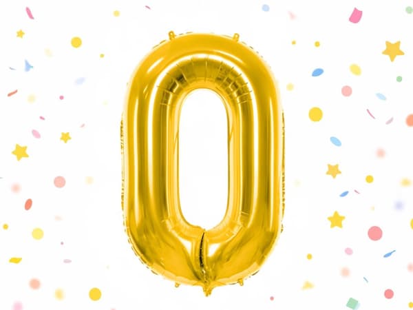 Cifferballon 0 folie guld 66 cm med sugerør