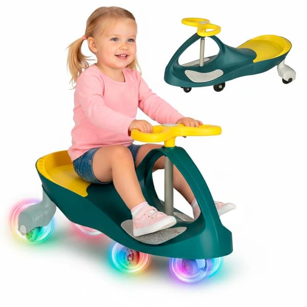 Gravity ride-on -auto LED-pyörillä ja kumipyörillä, max 80 kg
