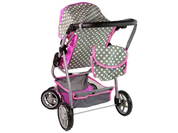 Dukkevogn 2-i-1 med liggedel og taske, rosa/grå, til dukker op til 40 cm