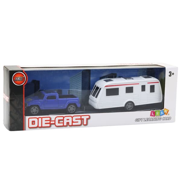Die-cast terrängbil med husvagn set blå/vit med utbildningskort