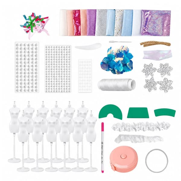 DIY modedesign sæt til børn 143 dele med 12 dukker, stof & dekorationer