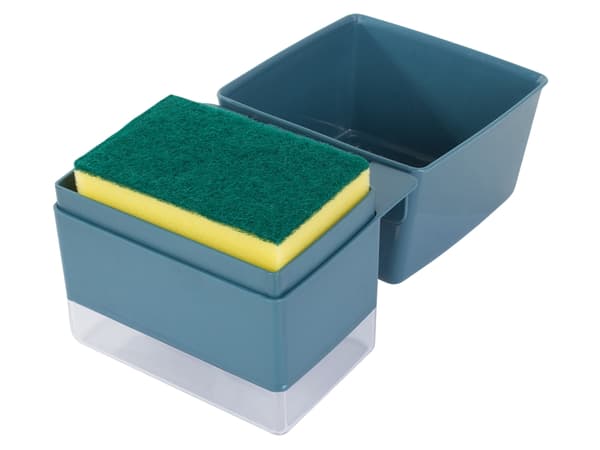 Opvaskemiddeldispenser 250 ml med svamp og drypbakke farvemix