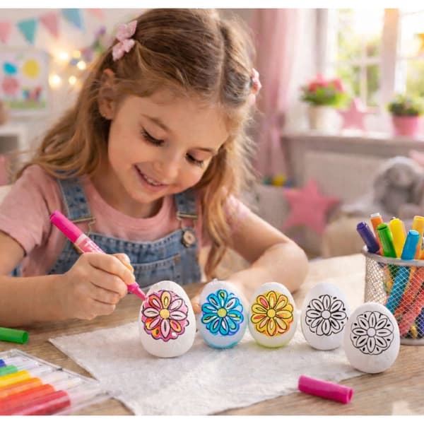 Pysselset styrofoägg med hönsdesign 6-pack + 6 färgmarkörer