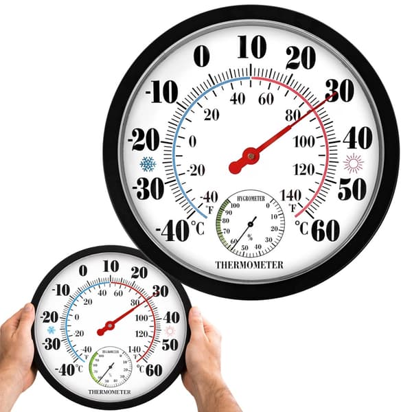Väggtermometer med hygrometer analog 25 cm, svart, -40 till 60°C