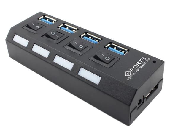 USB-hub 4-port USB 3.0 med ON/OFF-knapper sort 51,5 cm kabel