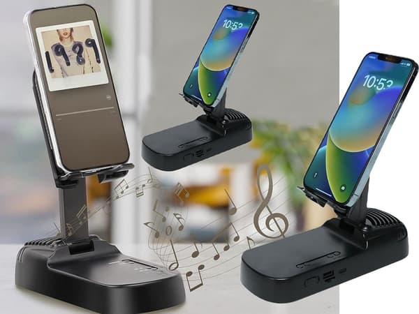 Mobilholder med Bluetooth-højttaler og powerbank justerbar sort