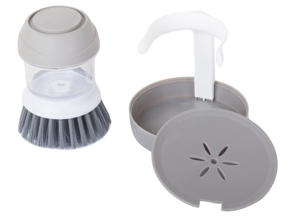 Diskborste med tvåldispenser och ställ grå 9,5 cm