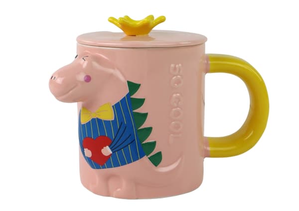 Glasmugg med teinfuser 400 ml rosa, dinosauriemotiv, lock och sked