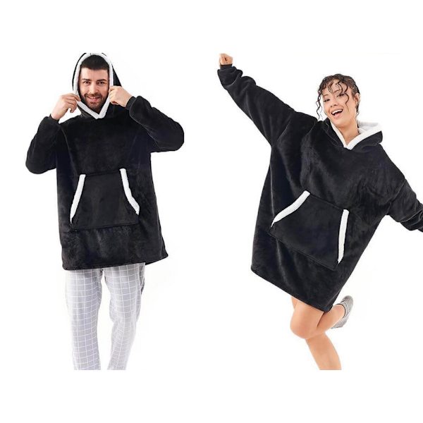 Fleecetröja med huva teddyfoder svart one size oversize XXL