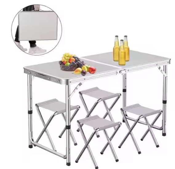 Sammenklappeligt campingbord med 4 stole 120x60 cm aluminium/MDF hvid
