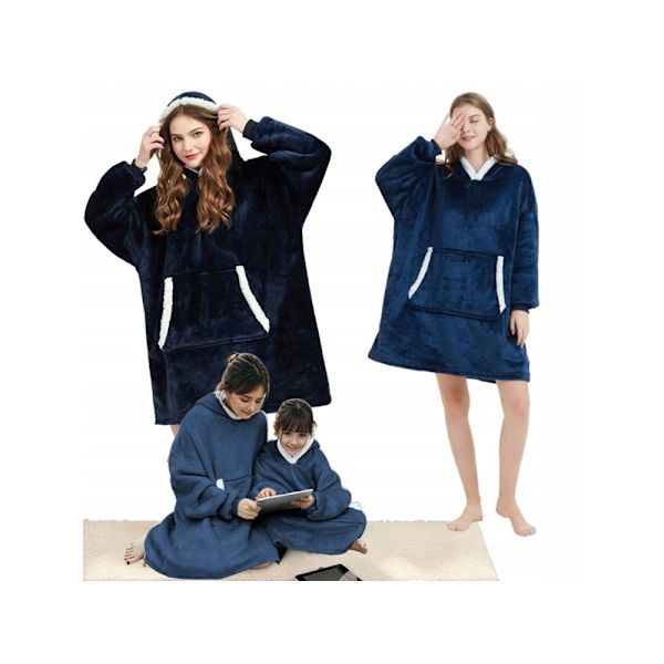 Filttröja med huva teddyfoder one size unisex navy blue