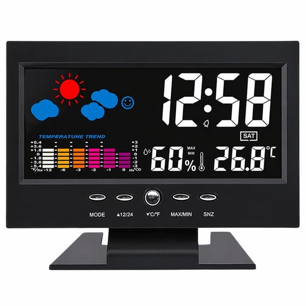 Digital bordsklocka med färgdisplay, termometer & hygrometer, 12/24h