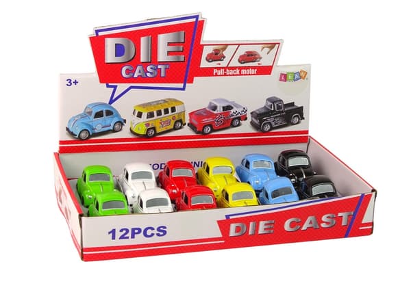 Friktionsdriven leksaksbil Skalbagge 8 cm med gummidäck, 12-pack