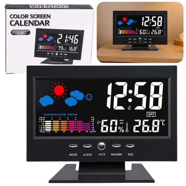 Digitalt bordur med farvedisplay, termometer & hygrometer, 12/24h