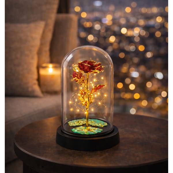 Evig röd ros i glaskupol med LED-belysning 21 cm, 3xAAA