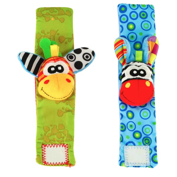 Sensoriska armband med skallra och prassel 2-pack blå/grön 15 cm