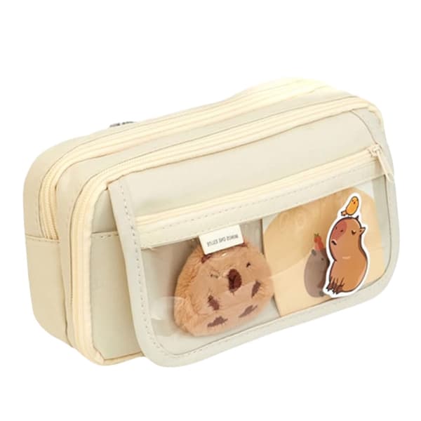 Kynäkotelo 2 lokeroa beige kapybara-setillä, läpinäkyvällä taskulla 21x12x8