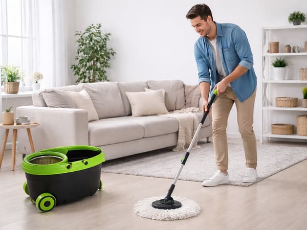 Rotationsmoppe med spand på hjul og 2 mikrofiberklude skaft 97–132 cm