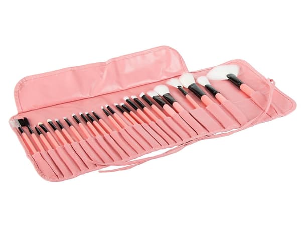 Makeuppenselsæt 24 dele syntetiske børster rosa/sort med etui