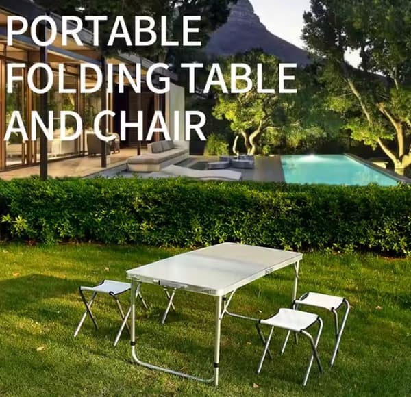 Hopfällbart campingbord med 4 stolar 120x60 cm aluminium/MDF vit