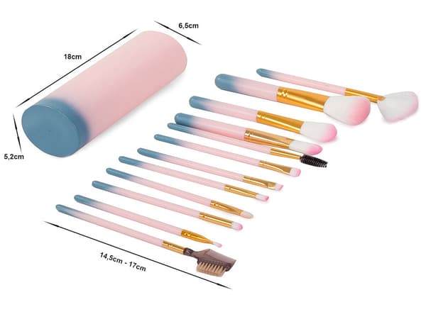Makeupbørstesæt 12 dele med plastiketui syntetiske børstehår