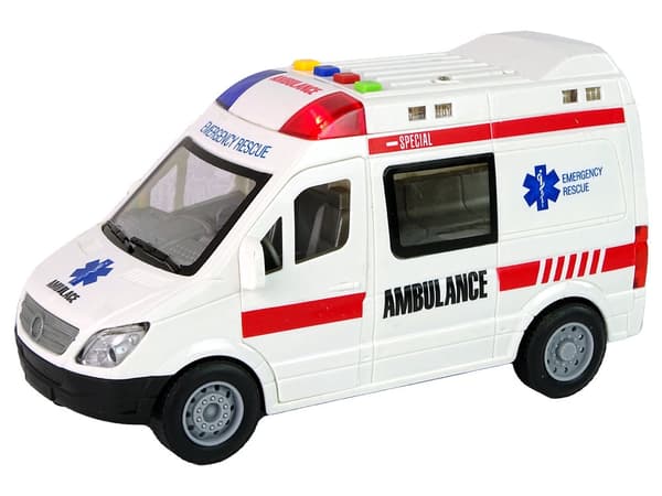 Legetøjsambulance 22 cm med friktionsdrev, lydknapper og åbningsbare døre