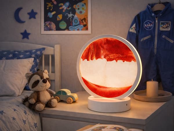 3D sandlampe bordlampe med roterende sandmotiv, USB/AAA, 19 cm