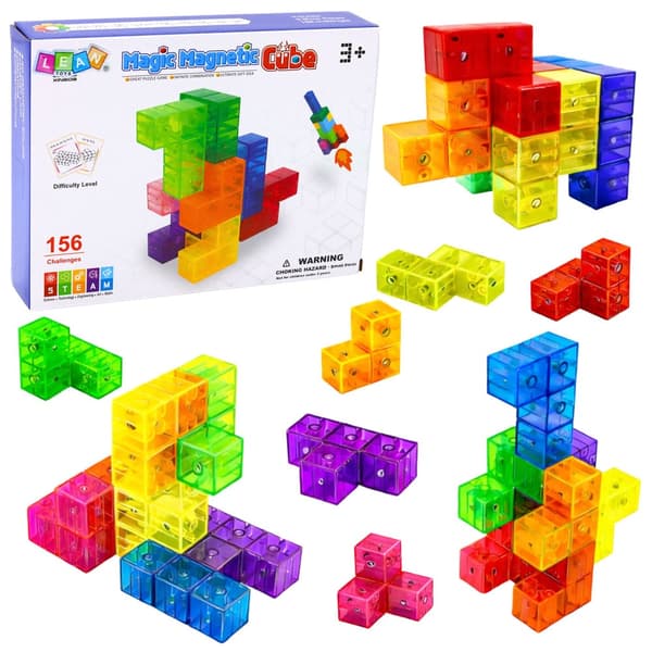 Magnetiska byggklossar 3D-kuber 9 delar transparenta + 156 utmaningar