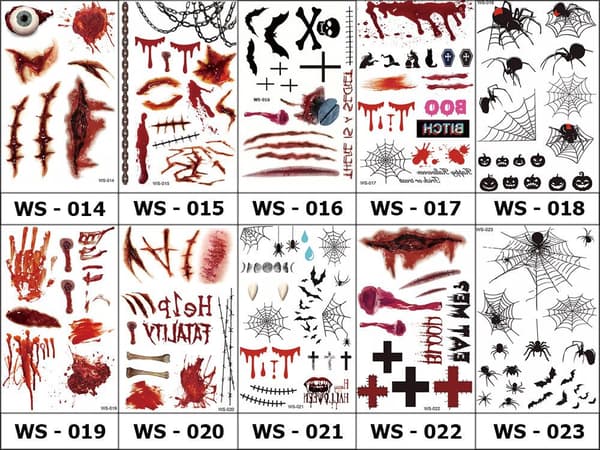 Midlertidige Halloween-tatoveringer 1 ark 19x12 cm, blod/sår/edderkopper