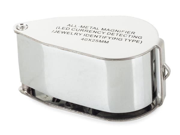 Foldbar juvelererlup 40x 25 mm med LED og UV, aluminium