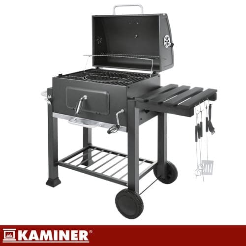 Kulgrill med låg og termometer 57x42 cm støbejernsgitter sort