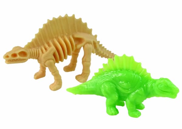 Dinosauruksen muna 9 cm x 7 cm läpinäkyvä, 2 dinosaurushahmoa