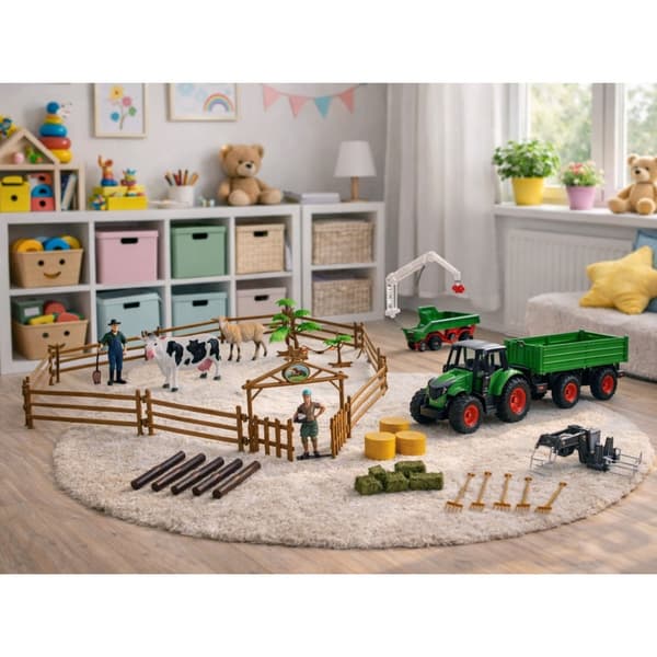 Gårdslegetøj 45 dele med traktor, løfteanhænger, dyr & figurer